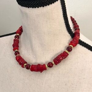 Red Coral Heishi And Quartz Beads Statement Necklace Adjustable Length